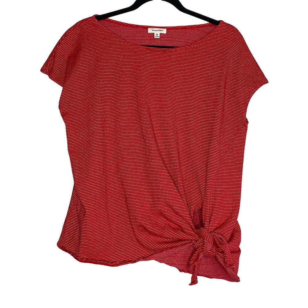 Max Studio Red and White Striped Asymmetrical Tie Front Blouse Size Large